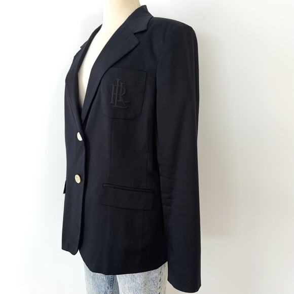 Lauren Ralph Lauren Two-Button Blazer Jacket Cotton Embroidered Logo Black 16 - Picture 4 of 11